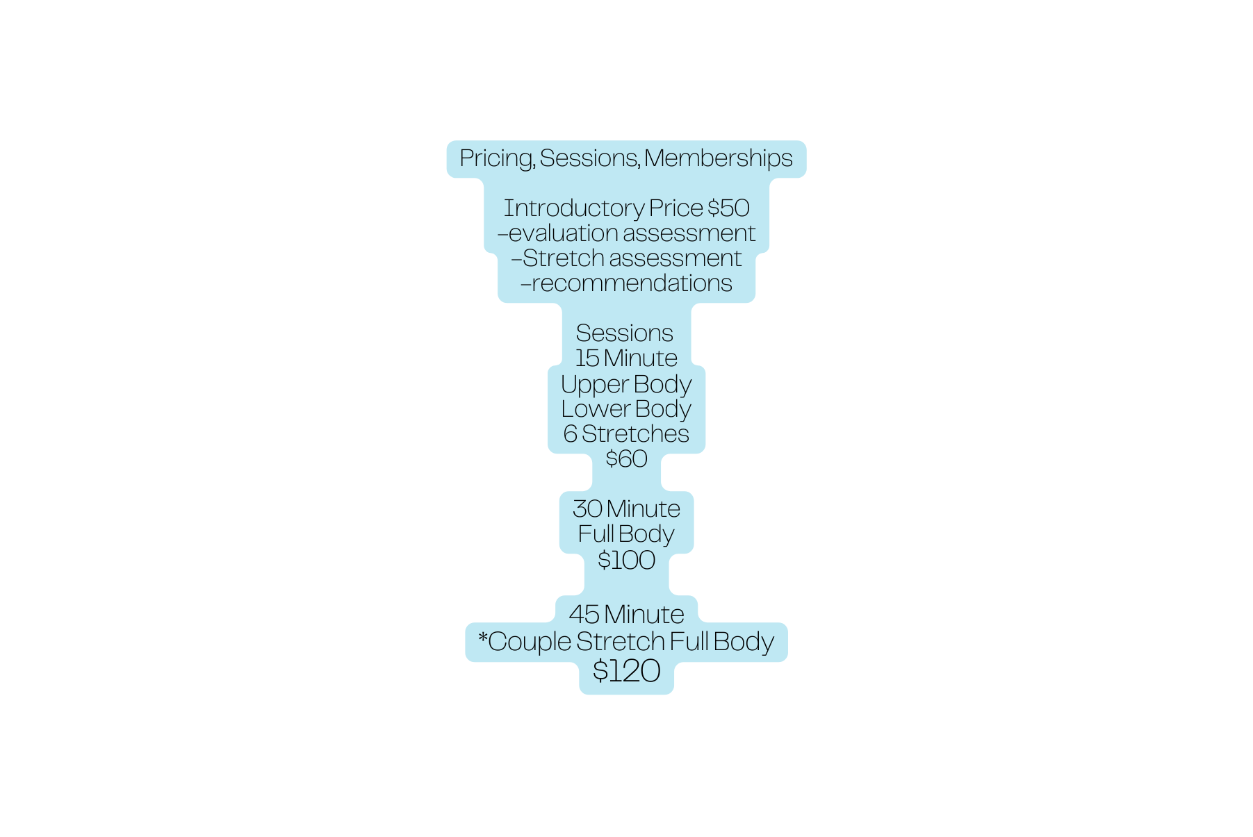 Pricing Sessions Memberships Introductory Price 50 evaluation assessment Stretch assessment recommendations Sessions 15 Minute Upper Body Lower Body 6 Stretches 60 30 Minute Full Body 100 45 Minute Couple Stretch Full Body 120
